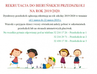Rekrutacja do bieruńskich przedszkoli na rok 2019/2020